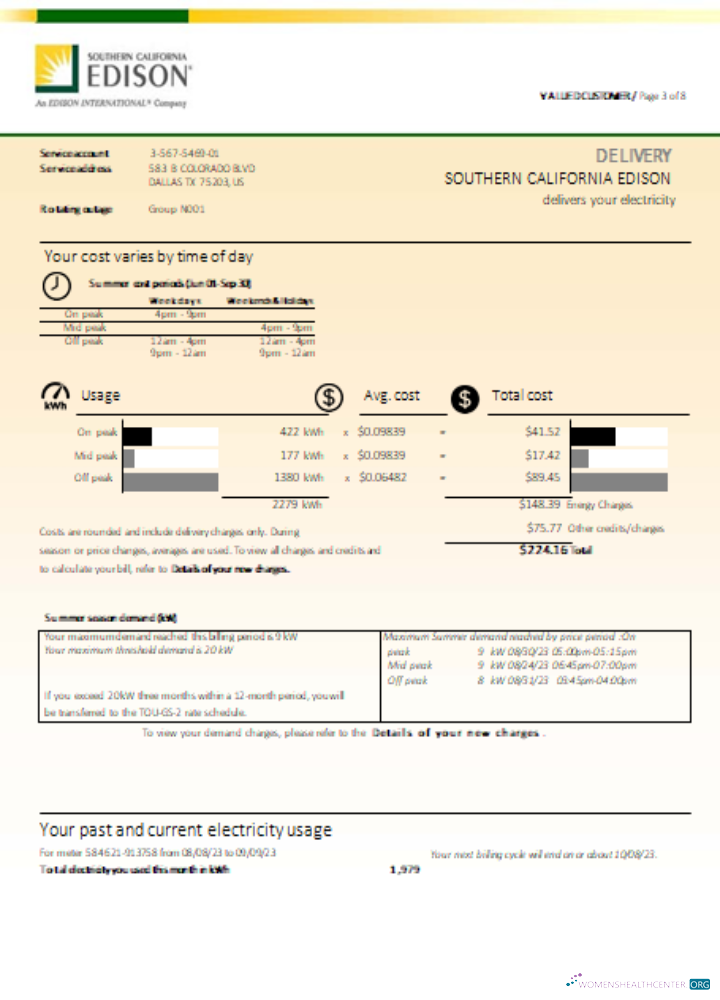 Download Southern California EDISON utility business bill, page 3, SCR Photoshop template